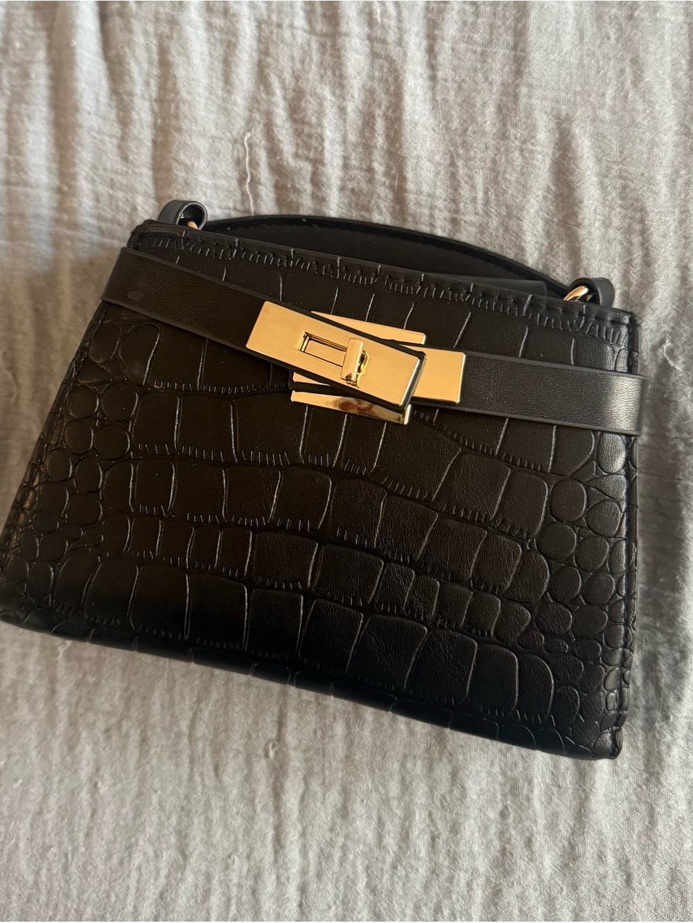 Black Designer inspired Mini Bag • Croc-Embossed • Gold Lock • Crossbody